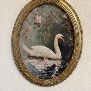 11x14 “lake Swan” Framed Oval glold glittery frame White Swan with Pink Flowers